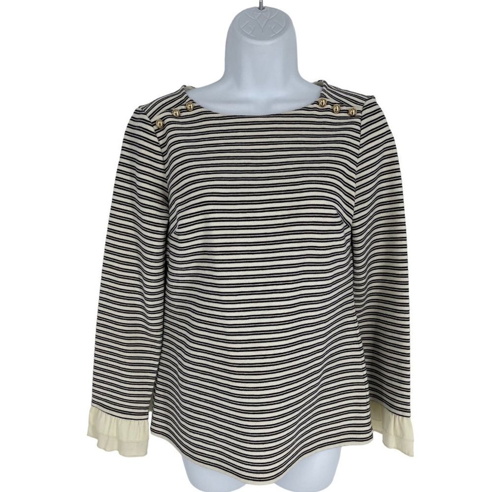 Talbots Stripe Gold Button Ruffle Trim Ribbed Boatneck Top Womens Size XS